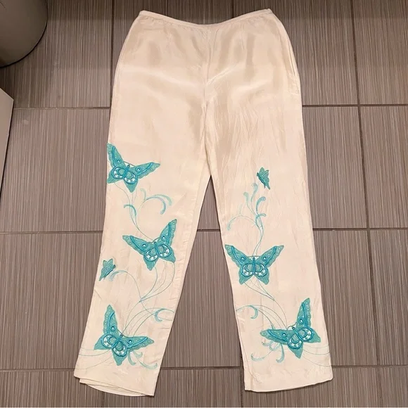 Vintage Silk Cream Teal Embroidered Butterfly Pants Yves Cossette Depeche Mode - Picture 9 of 12